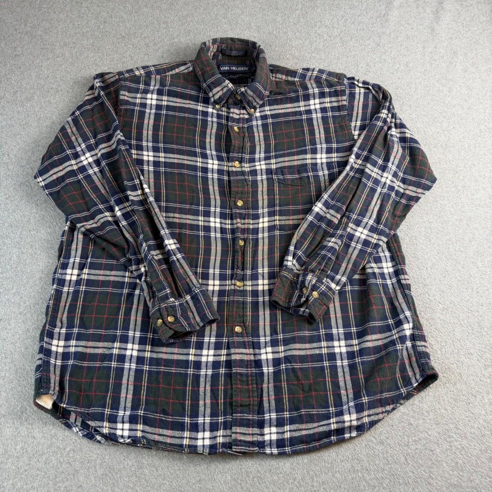 VTG Van Heusen Winterweights Mens L Plaid Flannel Shirt Navy Green Grunge NOTE